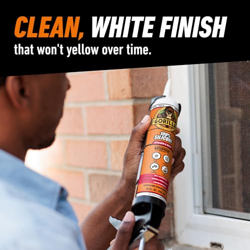 Gorilla 100% Silicone Caulk - White, 10 oz Cartridge, Waterproof Bathroom Sealant