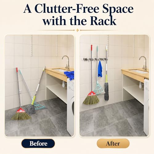 Voze Silver 5 Racks & 4 Hooks Wall Mount Mop & Broom Organizer