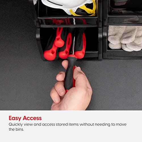 IRIS USA Large Stackable Storage Bins, 8-Pack, 13"L x 6"W x 5"H, |Made in USA|, Plastic Open Front Shelf Bin for Organizing Parts, Hardware, Tools, Supplies, Garage Shelf, Pantry - Black