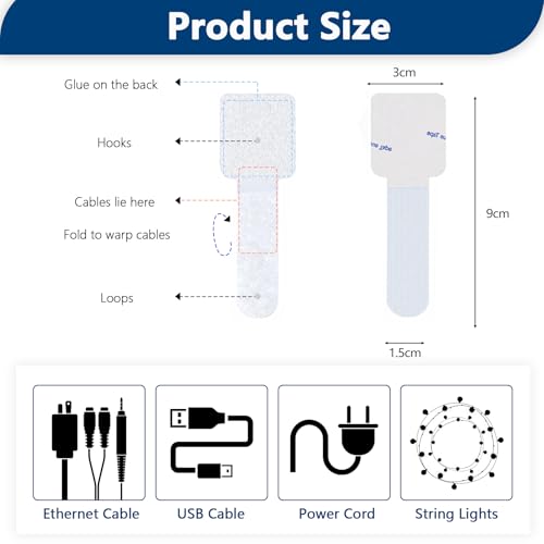 Abnii 50 pcs White Medium Self-Adhesive Hook and Loop Cable Ties for Desk Cable Management