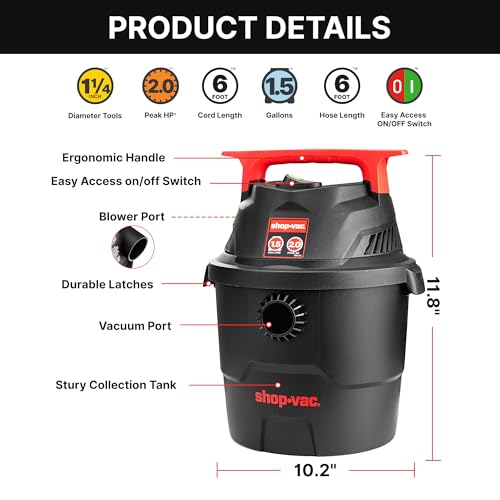 Shop-Vac 1.5 Gallon Wet Dry Vacuum Cleaner 2 Peak HP Compact Portable