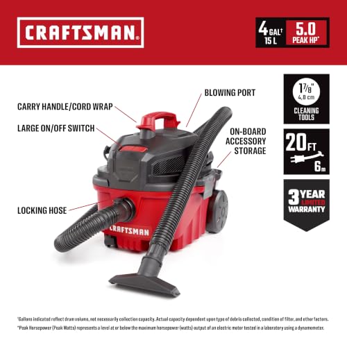 CRAFTSMAN 4 Gallon Wet Dry Shop Vacuum with 5.0 Peak HP, Includes Accessories
