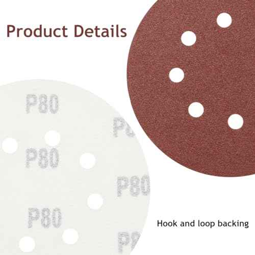 5 Inch 8 Hole Sanding Discs Hook and Loop, 50 PCS 80 Grit Round Sand Paper Disc, Aluminum Oxide Sandpaper Pads for Random Orbital Sander