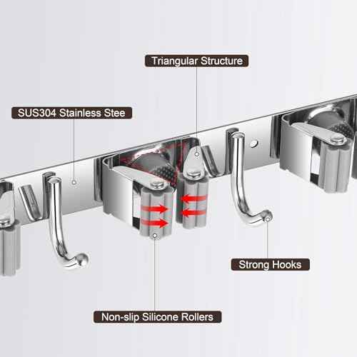 2 Pack Wall Mount, Stainless Steel Broom Hanger, Heavy Duty Mop and Broom Holder Tool Racks Utility Hooks for Laundry Room Garden Garage, Grey (4 Racks and 5 Hooks)