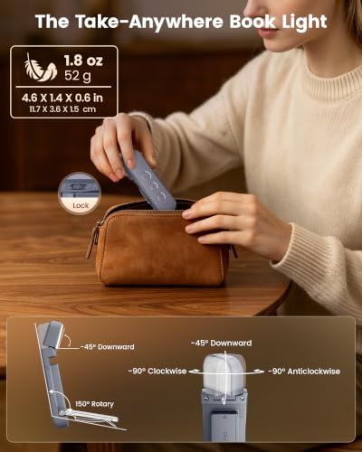 Dark Blue Glocusent 12 LED Book Light with 5 Colors & Brightness, Portable Clip-On Reading Lamp, USB-C Rechargeable, 200H Battery Life, Gift for Book Lovers