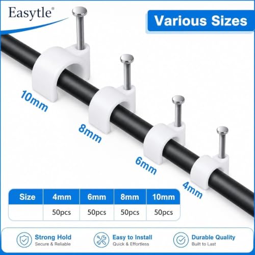 Easytle 200 Pcs Cable Wire Clips 4mm-10mm for Electrical & Ethernet Management