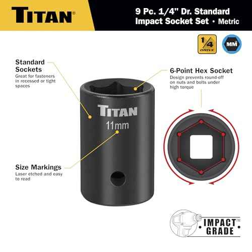 Titan 46201 9-Piece 1/4-Inch Drive Metric Shallow Impact Socket Set, 6-Point, Metric Sizes 6 to 14mm