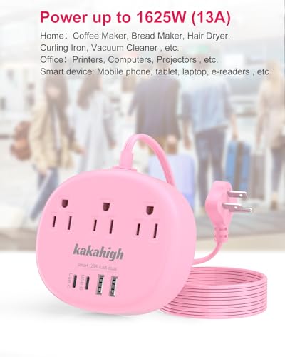 Pink 5FT Extension Cord with USB C Power Strip - Kawaii Style
