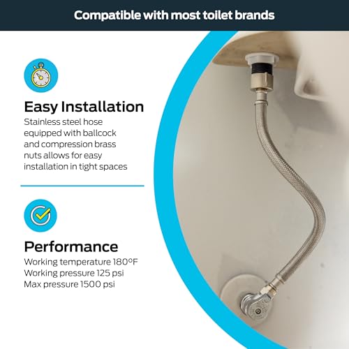 Eastman 12 Inch Flexible Toilet Connector, 7/8 in. Ballcock x 3/8 in. Compression, Stainless Steel Braided Hose, Model 48088