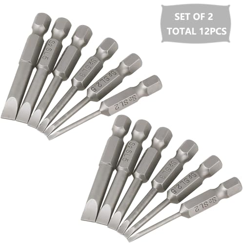 12 Pieces Magnetic Slotted Screwdriver Bit Set, 1/4 Inch Hex Shank Flat Head Drill Bits Insert Bits 2 Inch Length, SL2/2.5/3/4/5/6 Impact Driver Bit for Power Drilling, Set of 2