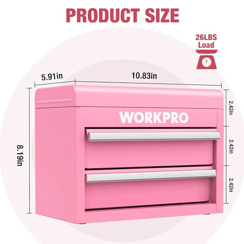 WORKPRO Mini Metal Tool Box with 2 Drawers and Top Storage, Small Tool Chest with PVC Liners and PP Feet Pads, Cold Rolled Steel Toolbox with Magnetic Tab - Pink Ribbon