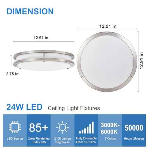 DINGLILIGHTING 13 Inch Nickel Flush Mount LED Ceiling Light 5CCT Dimmable Fixture