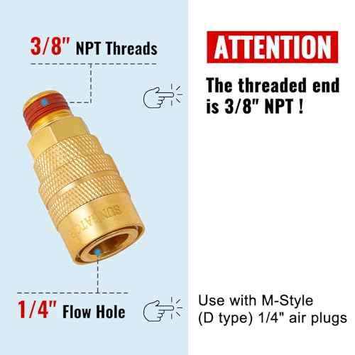 SUNGATOR 2 Pack 3/8'' Male NPT Industrial Air Couplers with 1/4'' Flow Hole, Brass 3/8'' MNPT Thread to 1/4'' Air Hose Fittings, Quick Connect Pneumatic Air Couplers with Pre-Coated Sealant