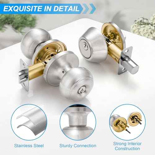 3 Pack Entry Door Lock and Single Cylinder Deadbolt Combo Set, Keyed Alike Satin Nickel Exterior Door Knobs with Lock&Keys, Round Ball Door Locksets with Deadbolt for Entrance and Front Door