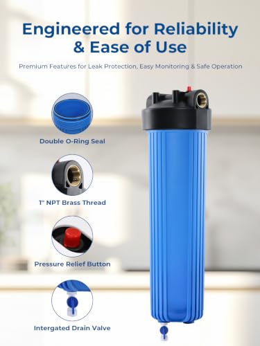 Purcooflow 20 x 4.5 Inch Whole House Water Filter Housing with Bottom Drain - Heavy Duty, BPA-Free, Double O-Ring Seal