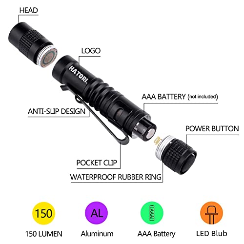 HATORI LED Mini Flashlight Pack - 3.55 Inch Black Tactical Pocket Light for Camping & Outdoor Use