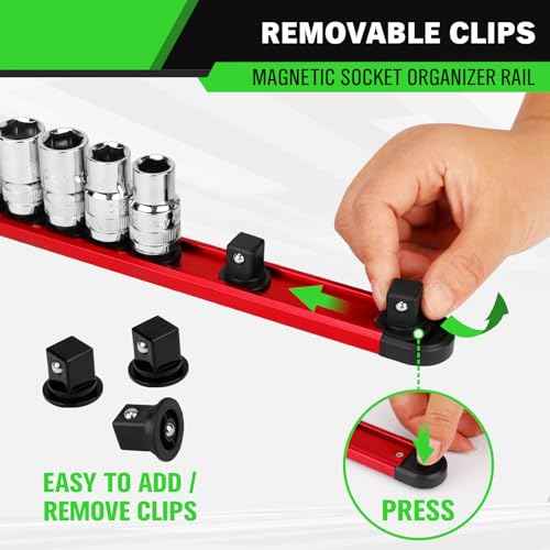 1/2-Inch Magnetic Socket Organizer Rail, Aluminum Alloy Socket Rail, Heavy Duty Sockets Holder with 12 Clips, 360¡Æ Swivel Clip Tool Tray, Sockets Organizer for Tool Box Drawer (Red)