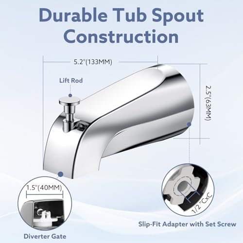 Fosenlion Chrome Tub Spout with Lift Rod Diverter - Leak-Proof Slip Fit for 1/2" Copper Pipe