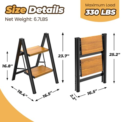 HBTower Black & Woodgrain 2-Step Folding Aluminum Ladder Stool