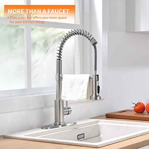 OWOFAN Kitchen Faucet with Pull Down Sprayer Brushed Nickel Stainless Steel 1 Handle Pull Out Spring Sink Faucets 1 Hole Or 3 Hole Dual Function for Farmhouse Camper Laundry Utility Rv Wet Bar
