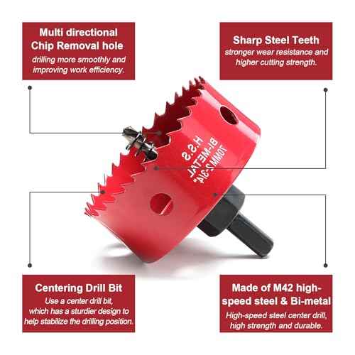 Hole Saw 2-3/4 Inch, HSS Bi-Metal Hole Cutter with 70 mm Cutting Depth for Cutting Wood, Plastic, Drywall, Plasterboard, Recessed Lighting and Soft Metal Sheet, Red