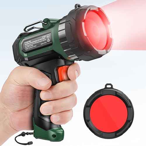 FORTO Handheld Compact Spotlight with Red Lens, 1400 Lumens Rechargeable Spot Light with Adjustable Focus, 823m Range, 3 Light Modes, Suitable for Hunting Boating Camping Hiking Observe Animals