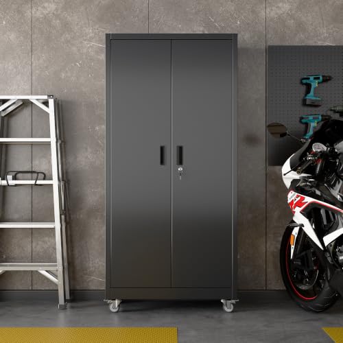 Reemoon 71 in Metal Storage Cabinet with Wheels & Pegboard, 5-Shelf, 3-Point Lock, Black