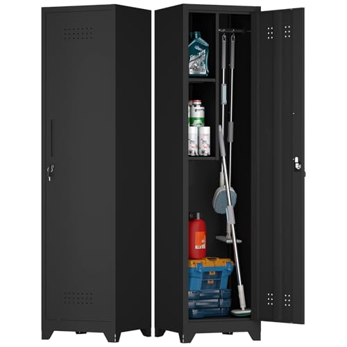 FATIGOS Slim Broom Closet Cabinet, Black Metal Storage Cabinet 65x15.8x15.8 with Lock, S-Hooks