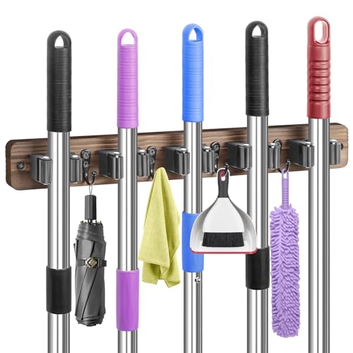 IMILLET Rustic Wall-Mount Broom Holder Brown 17in Organizer for Laundry Room