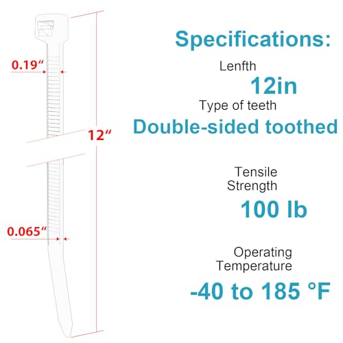 JIANYANG 12 Inch Heavy Duty Zip Ties 100 Pack, 100lb Tensile Strength, Double-Sided Toothed Nylon Cable Ties for Indoor Outdoor Use