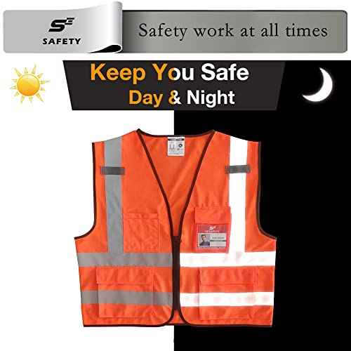 sesafety Reflective Safety Vest with Pockets and Zipper, High Visibility Construction Vest, Hi Vis Vest, ANSI Class 2, Orange, M