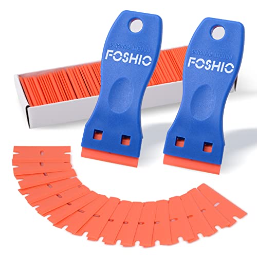 Blue Plastic Razor Blade Scraper Set - 2pcs Handle + 100 Blades for Gasket & Glass Removal