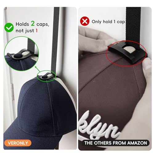 Over-the-Door Hat Rack Organizer for 40 Caps, Black, 2 Strap-Up