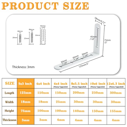 Alise White Floating Shelf Brackets 5x3 Inch, Heavy Duty L Wall Mounts, 4 Pcs