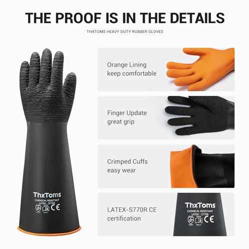 ThxToms Heavy Duty Rubber Gloves, Industrial Chemical Resistant Gloves Waterproof Reusable Protective Work Gloves for Cleaning, Dishwashing,Upgraded with Non-Slip Design, Black, 14" 1 Pair
