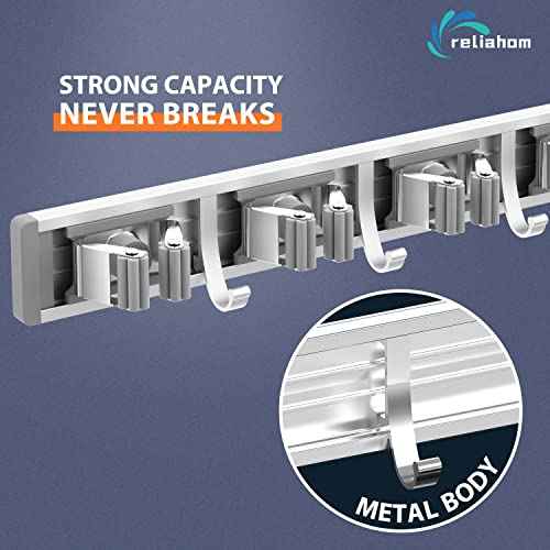 reliahom 2 Pack Broom Holder Wall Mount Mop and Broom Hanger Wall Mounted Garage Storage Rack Kitchen Garden Tool Organizer (5 Racks with 4 Hooks, Silver)