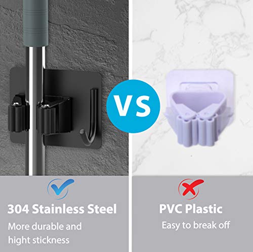 Homeasy Wall Mount Broom Holder 4Pcs Self-Adhesive Black - No Drill, Rustproof, Holds Heavy Brooms & Rakes