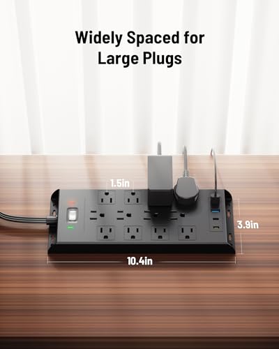 LeZone 16-in-1 Surge Protector Power Strip 4800J, 10Ft Flat Extension Cord, 12 Outlets, 2 USB-C, 2 USB Ports, Wall Mountable, Black, 10FT/12AC+4USB