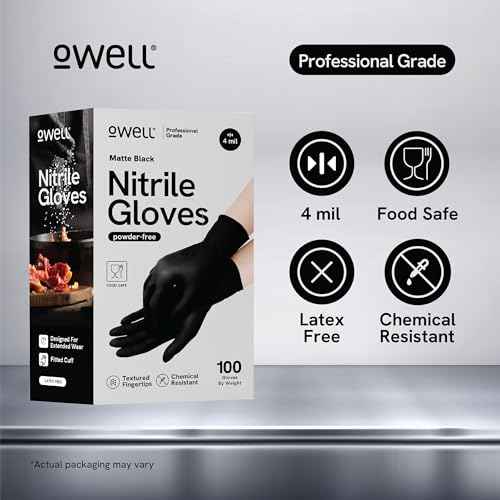 OWELL¢ç Black Nitrile Gloves - 4 Mil Food Safe Disposable Gloves - Latex-Free, Powder-Free, Medical Exam & Chemical Resistant