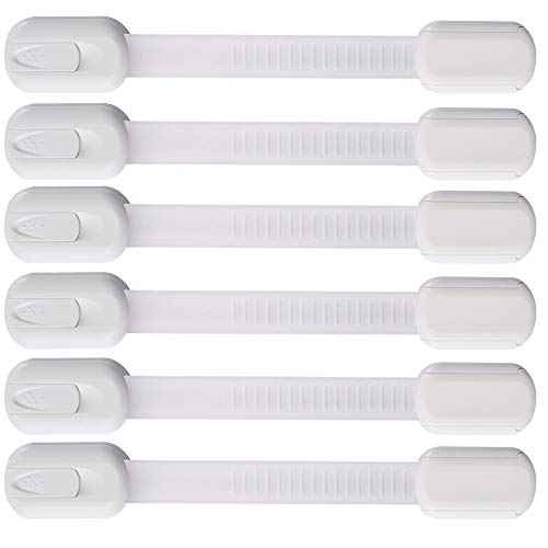 6 Pack Vmaisi Multi-Use Adhesive Straps Locks - Childproofing Baby Proofing Cabinet Latches for Drawers, Fridge, Dishwasher, Toilet Seat, Cupboard, Oven,Trash Can, No Drilling (White) (6)