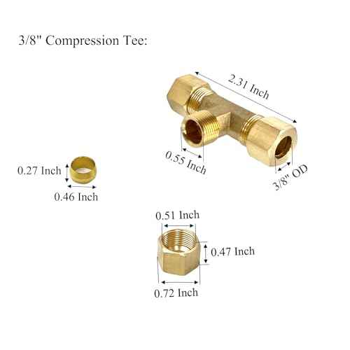 2 Pcs 3/8" Compression Tee, 3/8" OD x 3/8" OD x 3/8" OD Copper Tubing Fittings 90 Degree Brass T Tube Fitting for Gas Line, Oil Pressure Gauges and Air Compressor