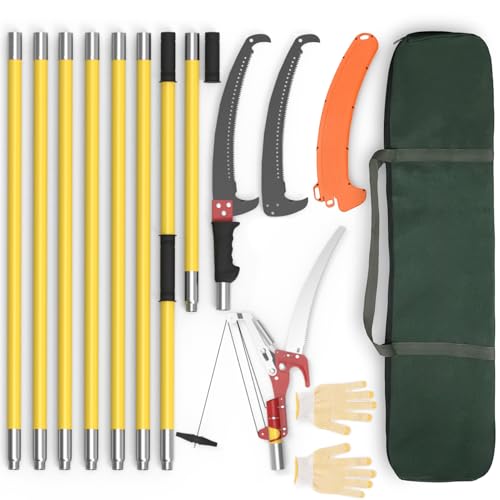 7.3-27 ft Extendable Pole Saw with Blade & Branch Scissors - Lightweight Pruning Tool Set