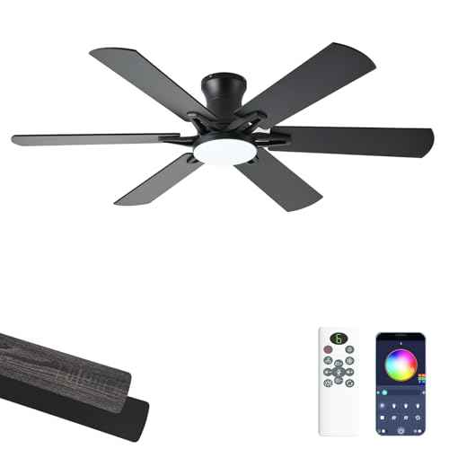Ceiling Fans with Lights, 52 Inch Low Profile Ceiling Fan with Light and Remote, Flush Mount, Quiet, Reversible, 3CCT, Dimmable, Black RGB Ceiling Fan for Bedroom, Living Room, Indoor/Outdoor