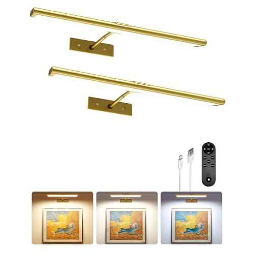 EZVALO Picture Light for Wall, 4800mAh Rechargeable Wireless Remote, Dimmable Magnetic LED Art Display Light with 3 Color Temperatures, for Gallery, Living Room, Bedroom, Hallway (Gold-2Pack)