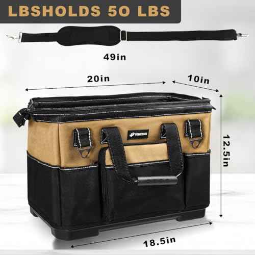 20 IN Large Tool Bag For Men Heavy Duty, Drill Bag Tool Bag Organizer, Wide Mouth Waterproof Hard Bottom Multiple Pockets Tool Tote, Tool Caddy, Maintenance