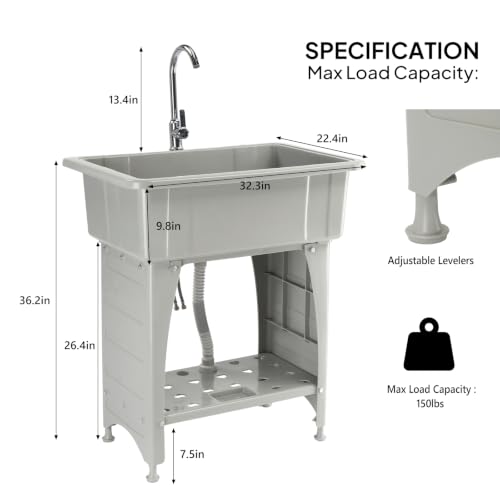 VINGLI Gray Utility Sink with Removable Drainboard, Stainless Steel Faucet & Storage Shelf