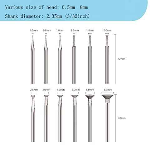 Luo ke Bowl Shape Diamond Burr - 3/32'' Shank Diamond Burs Wire Rounder Bits fits Rotary Tool (Pack of 13)
