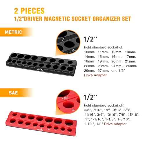GOOACC 1/2" Magnetic Socket Organizer Set, 2 Pieces Metric & SAE Socket Drive Holders, 1/2 inch Drive Socket Organizer Trays Holds 35 Standard Sockets for Tool Box