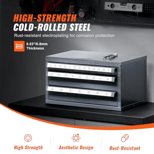 VEVOR Drill Bit Dispenser Cabinet – 3-Drawer Organizer, 29 Compartments, 1/16"–1/2" in 1/64" Increments (Jobber Length)