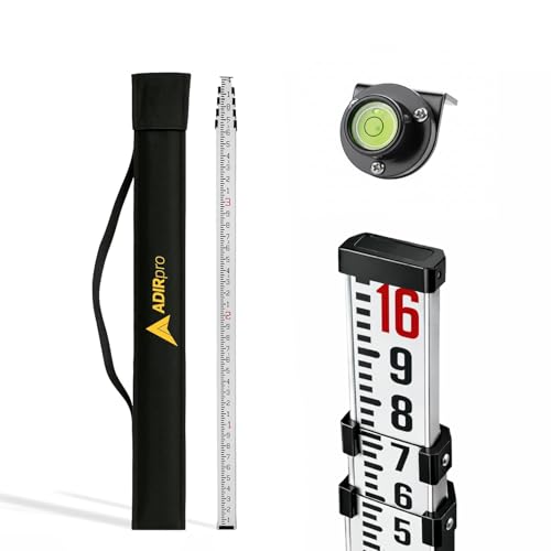 AdirPro 16FT 10ths Aluminum Leveling Rod - Dual-Sided 5-Section Telescopic with Bubble Level & Soft Case
